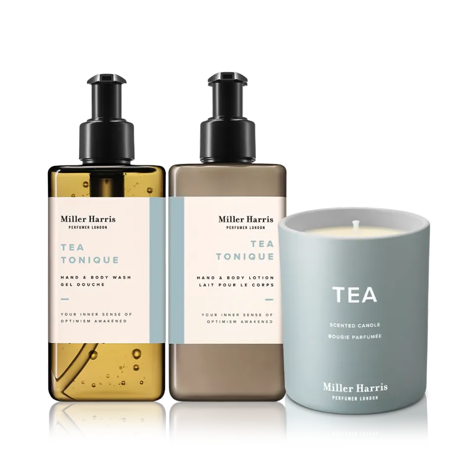 Miller Harris Tea Tonique ritualsæt wash lotion lys