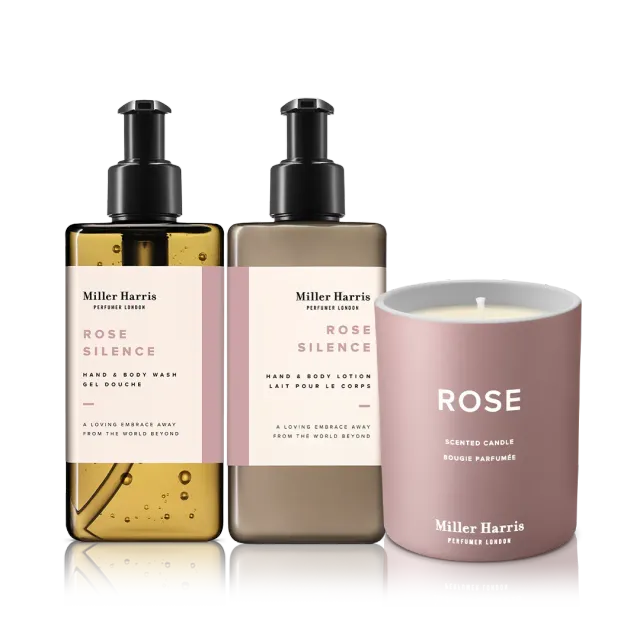 Miller Harris Rose Silence ritualsæt wash lotion lys