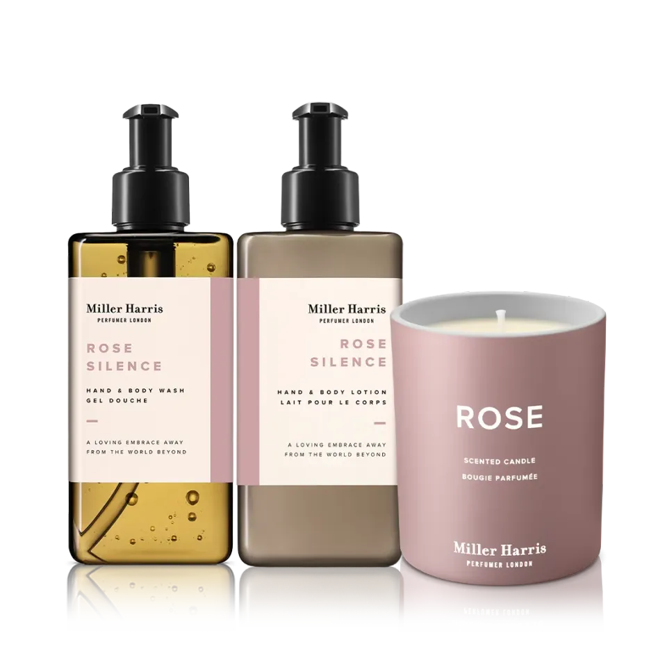 Miller Harris Rose Silence ritualsæt wash lotion lys